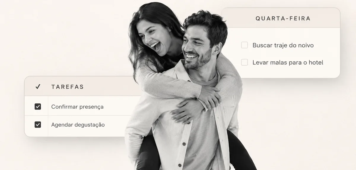 Casal a rir, com dois cartões da Sempre Nós por cima: tarefas confirmadas e o que há para fazer na quarta-feira