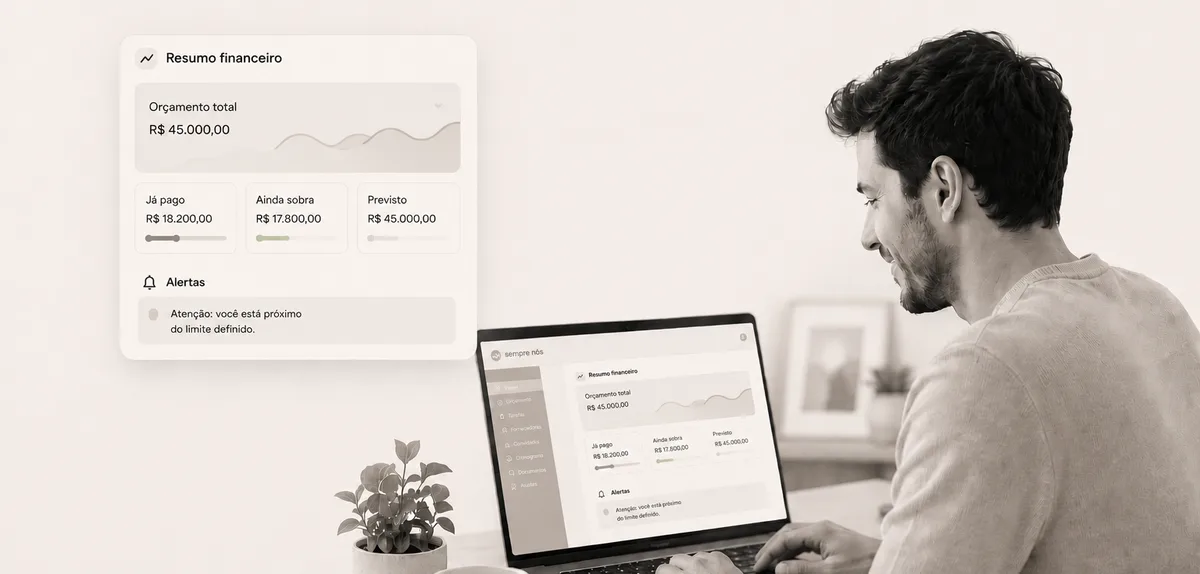 Homem ao computador, com um resumo financeiro por cima: orçamento total, já pago, o que ainda sobra, e o aviso de estar próximo do limite