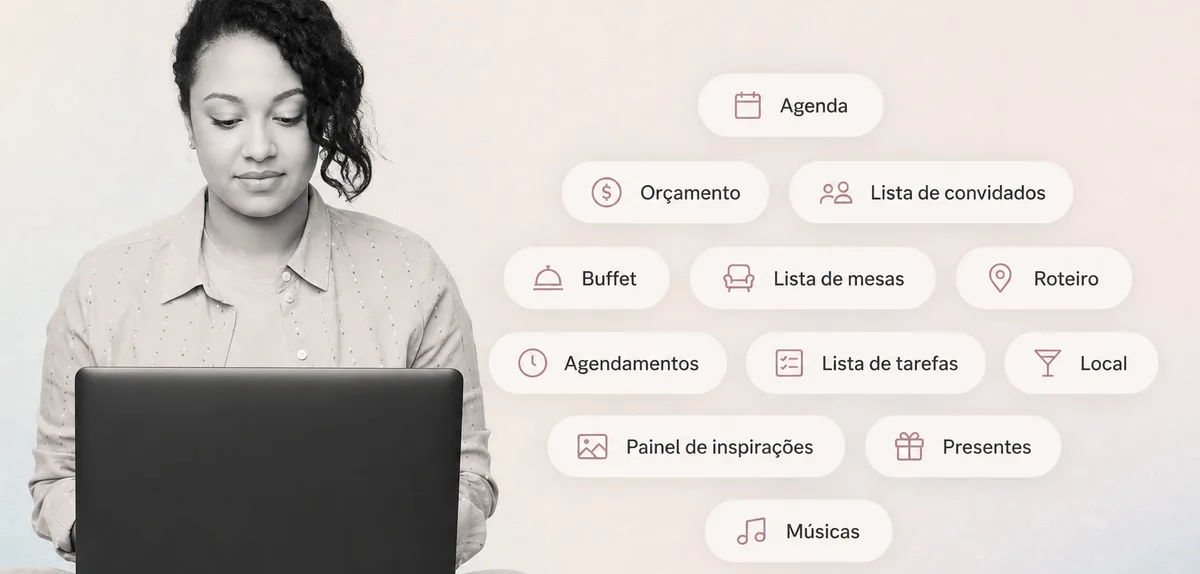 Mulher ao computador, rodeada por etiquetas do que o casamento envolve: orçamento, lista de convidados, mesas, roteiro, tarefas e local