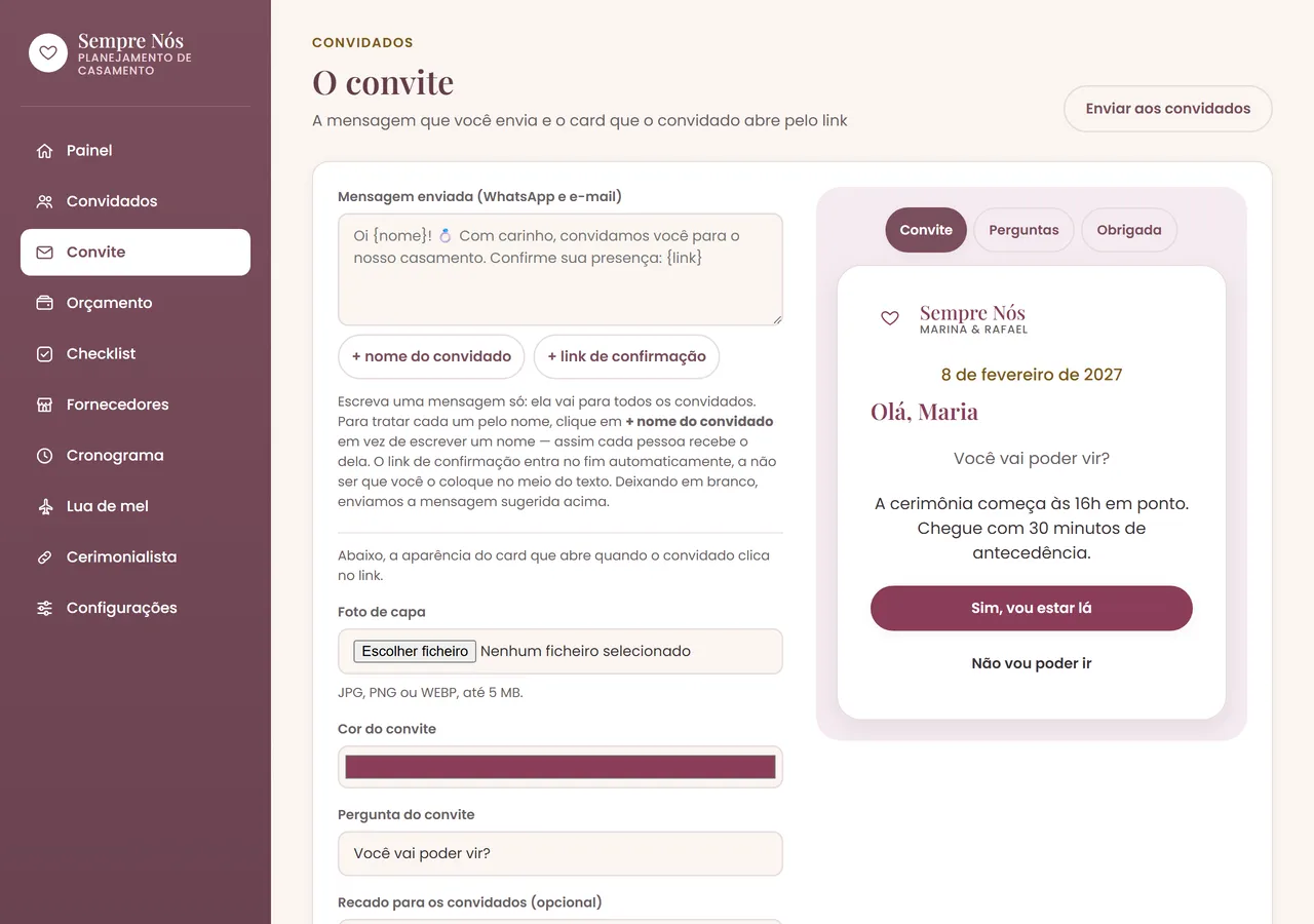 Tela Convite digital da plataforma Sempre Nós