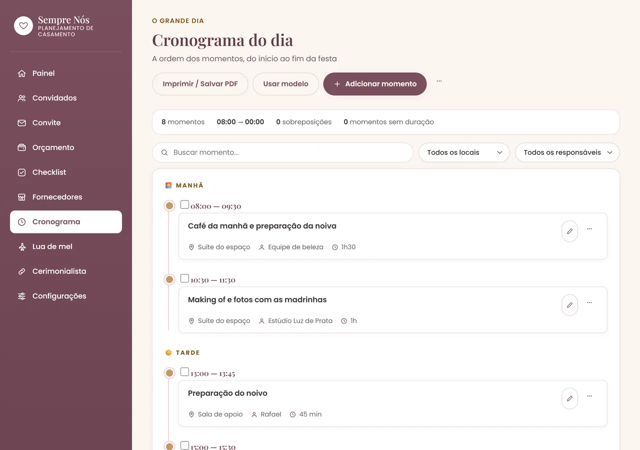 Tela Cronograma do dia da plataforma Sempre Nós