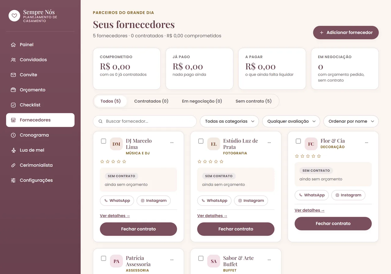 Tela Fornecedores da plataforma Sempre Nós