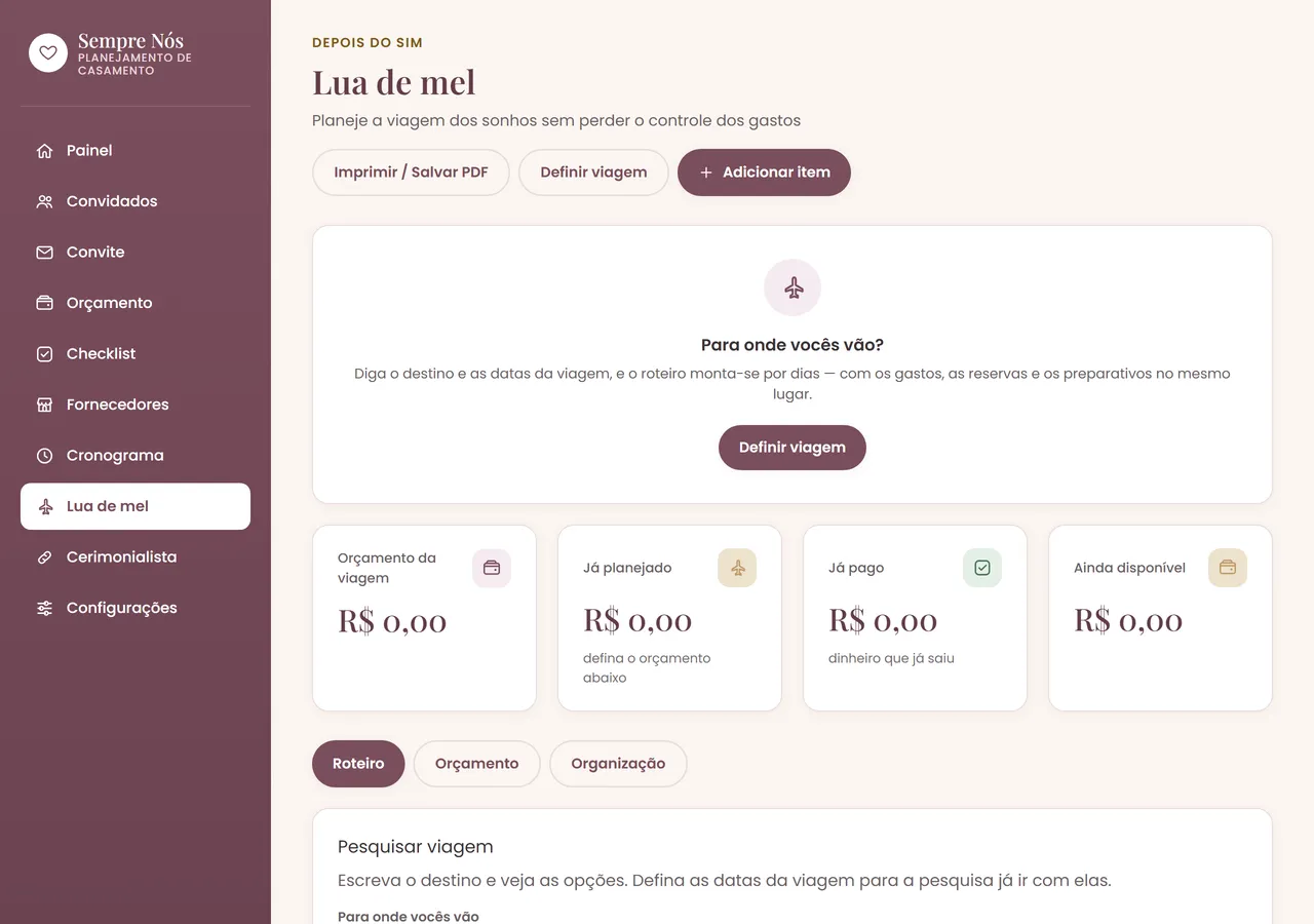 Tela Lua de mel da plataforma Sempre Nós